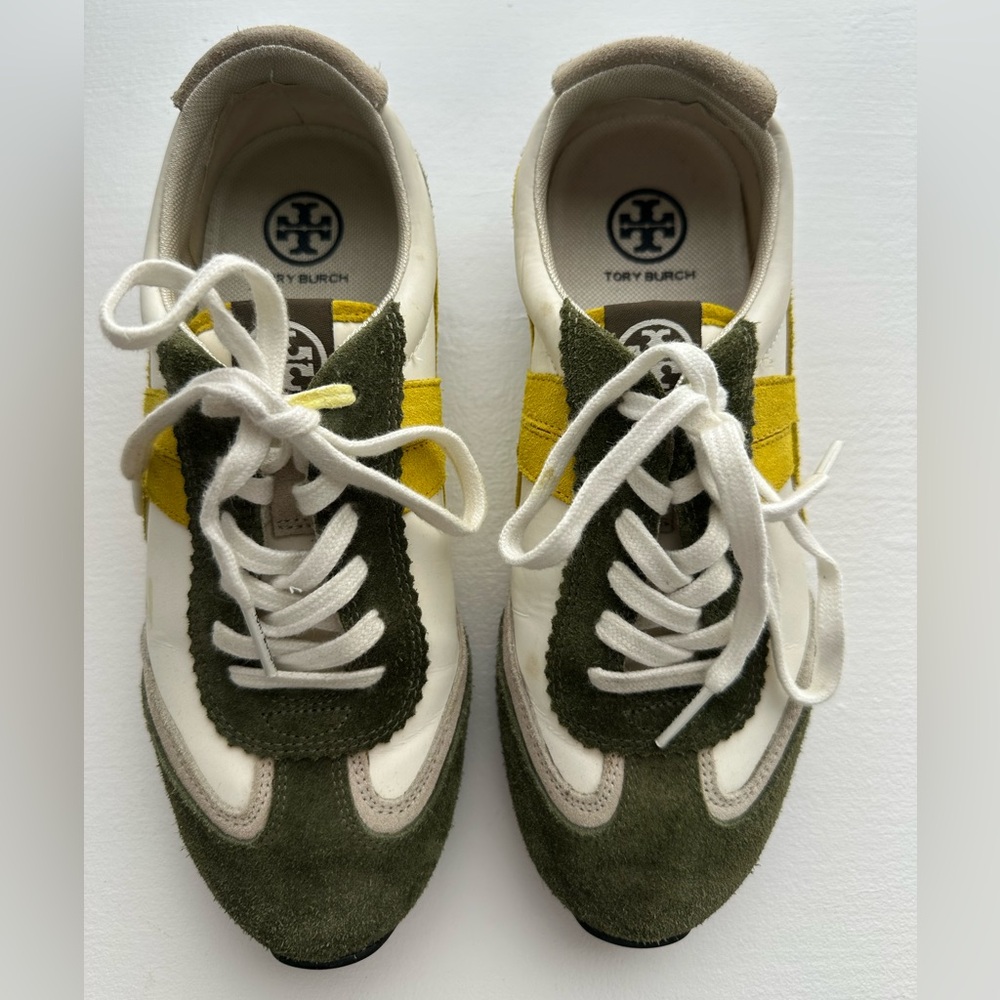 Tory Burch Hank Sneakers White and Olive Sneakers with Mustard Stripes